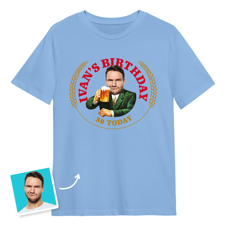 A Moretti themed 30th birthday t-shirt with a man's photo edited into the iconic Moretti design with custom text reading Ivan's Birthday 30 Today