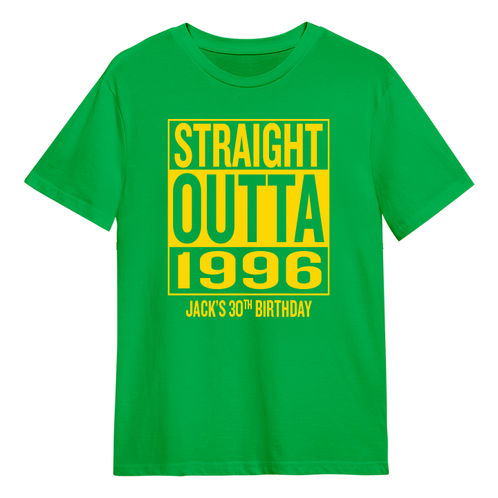 A straight outta compton themed 30th birthday t-shirt that reads Straight Outta 1996 and the custom text Jack's 30th Birthday