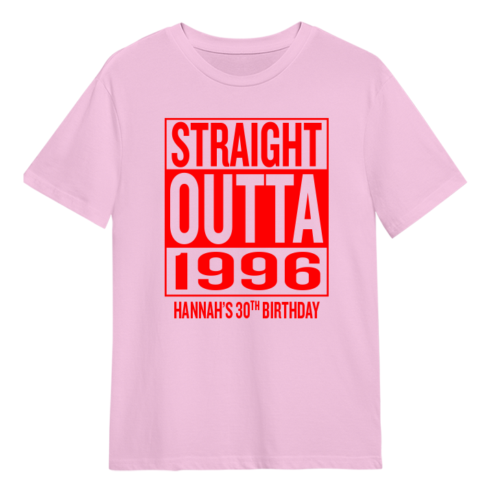 A straight outta compton themed 30th birthday t-shirt that reads Straight Outta 1996 and the custom text Hannah's 30th Birthday