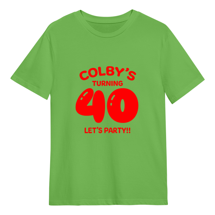 A custom 40th birthday t-shirt which has the custom text Colby's turning 40, Let's Party!! with the 40 in a balloon text