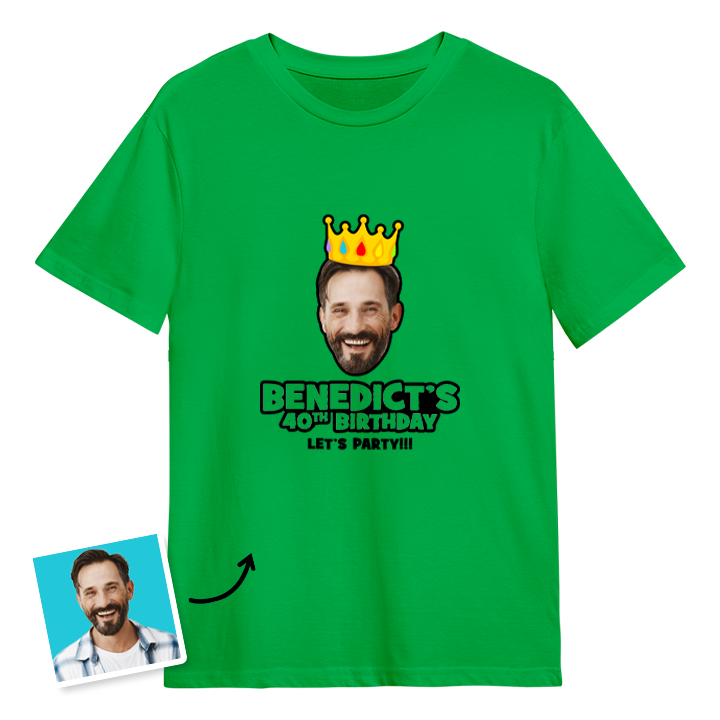 A custom 40th birthday t-shirt with a man's face on it wearing a crown with custom text reading Benedict's 40th Birthday, Let's Party!!