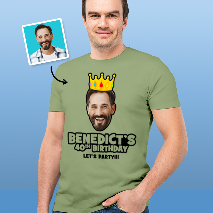A male model wearing a custom 40th birthday shirt where you can add a person's picture so it looks like they're wearing a crown, as well as custom text 