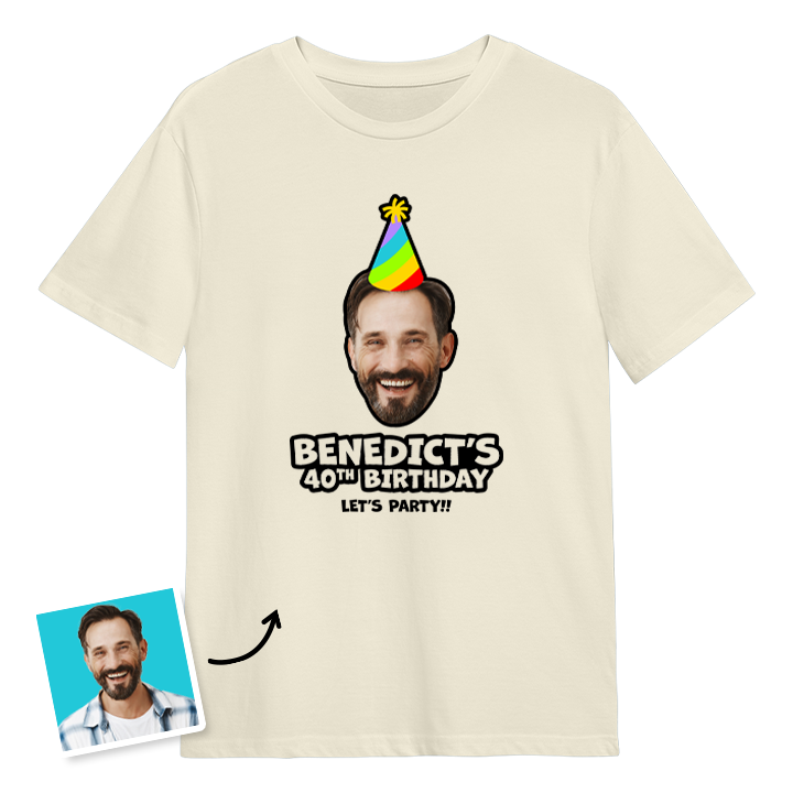 Birthday hat custom photo t shirt with a man's face on it who is wearing a party hat and the custom text Benedict's 40th birthday, let's party!!