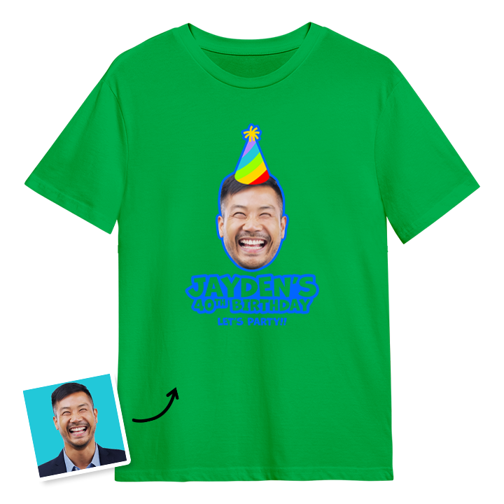 Birthday hat custom photo t shirt with a man's face on it who is wearing a party hat and the custom text Jayden's 40th Birthday, let's party!!