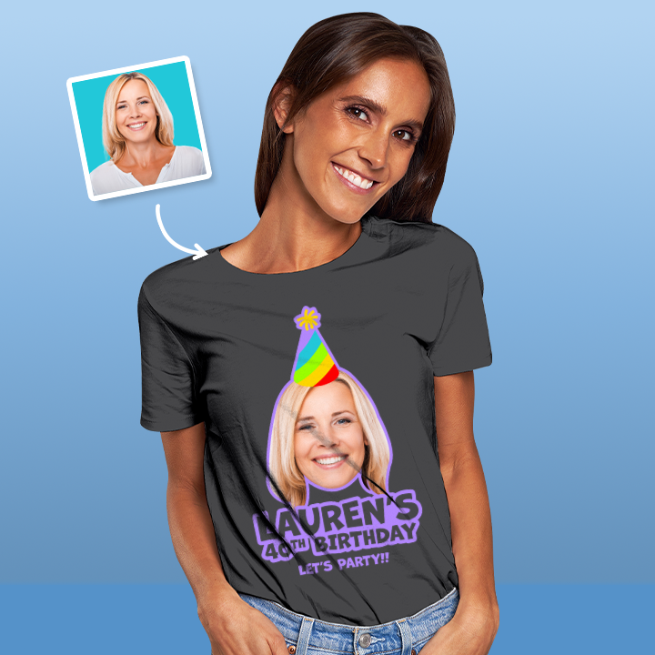 A female model wearing a custom 40th birthday shirt where you can add a person's picture so it looks like they're wearing a rainbow coloured party hat, as well as custom text 