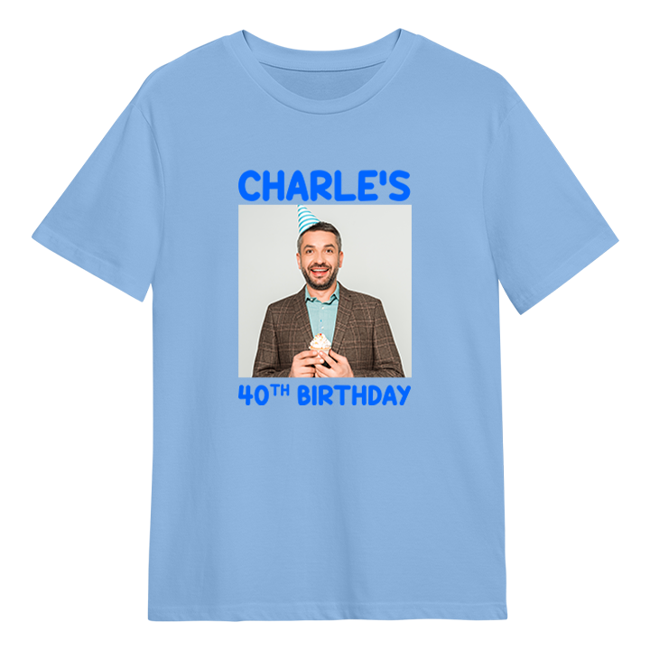 A custom birthday shirt that has had a photograph of a man in a party hat added to it with the custom text Charle's 40th Birthday
