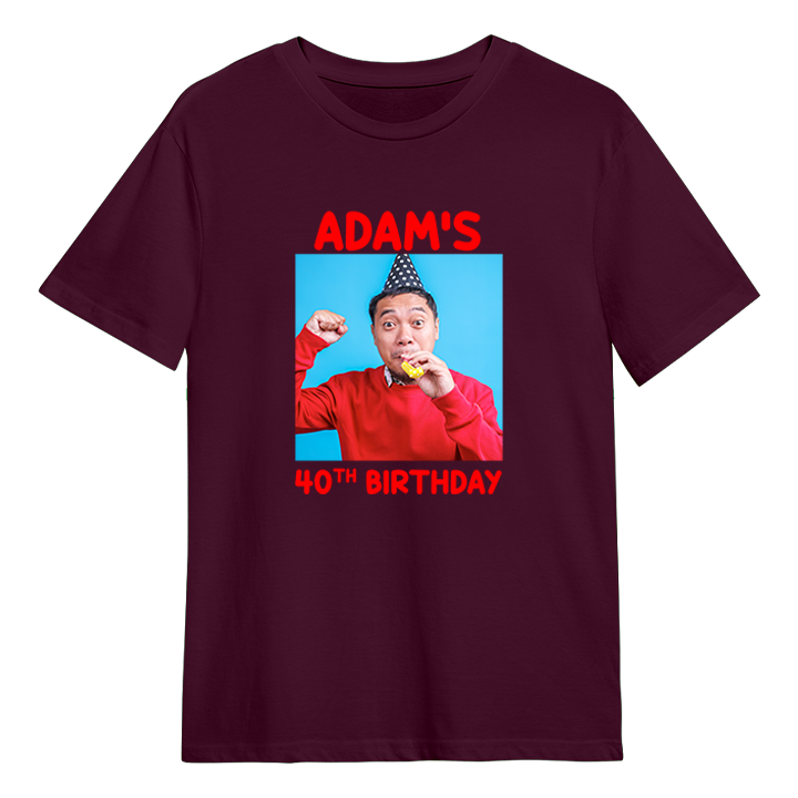 A custom birthday shirt that has had a photograph of a man in a party hat added to it with the custom text Adam's 40th Birthday