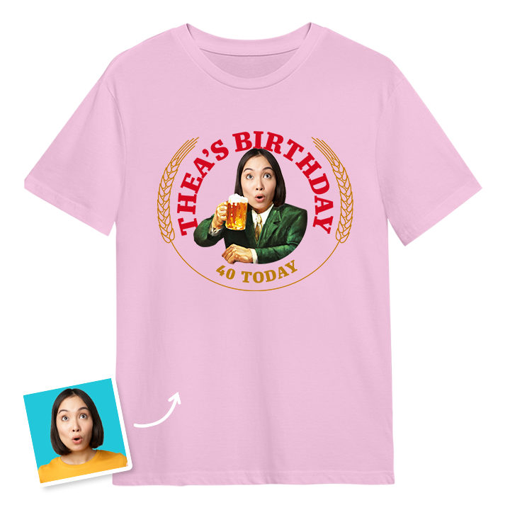 A Moretti themed 40th birthday t-shirt with a woman's photo edited into the iconic Moretti design with custom text reading Thea's Birthday 40 Today