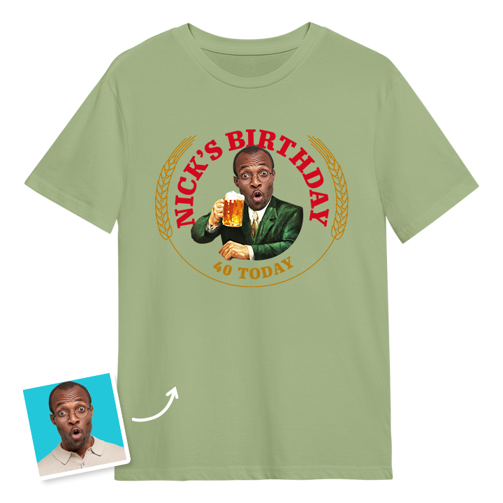 A Moretti themed 40th birthday t-shirt with a man's photo edited into the iconic Moretti design with custom text reading Nick's Birthday 40 Today