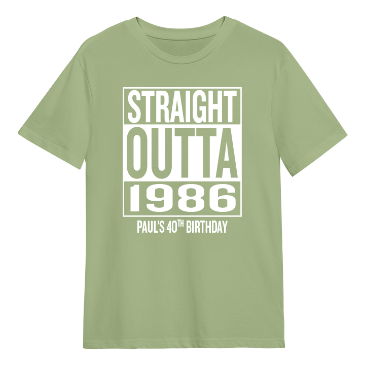 A straight outta compton themed 40th birthday t-shirt that reads Straight Outta 1986 and the custom text Paul's 40th Birthday