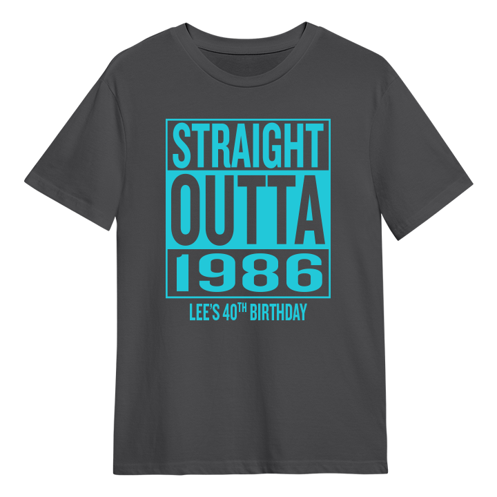 A straight outta compton themed 40th birthday t-shirt that reads Straight Outta 1986 and the custom text Lee's 40th Birthday