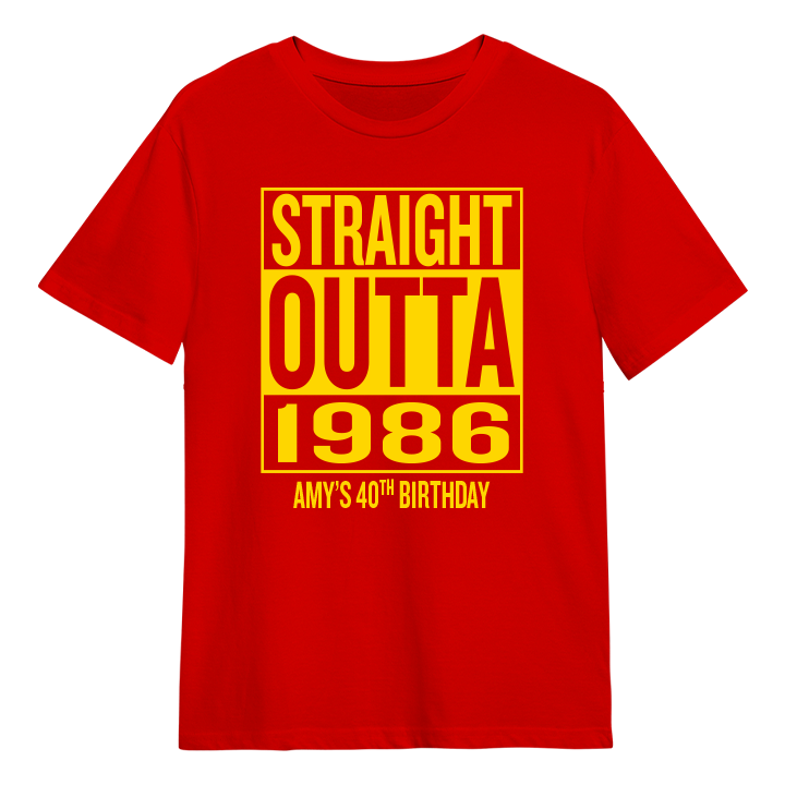 A straight outta compton themed 40th birthday t-shirt that reads Straight Outta 1986 and the custom text Amy's 40th Birthday