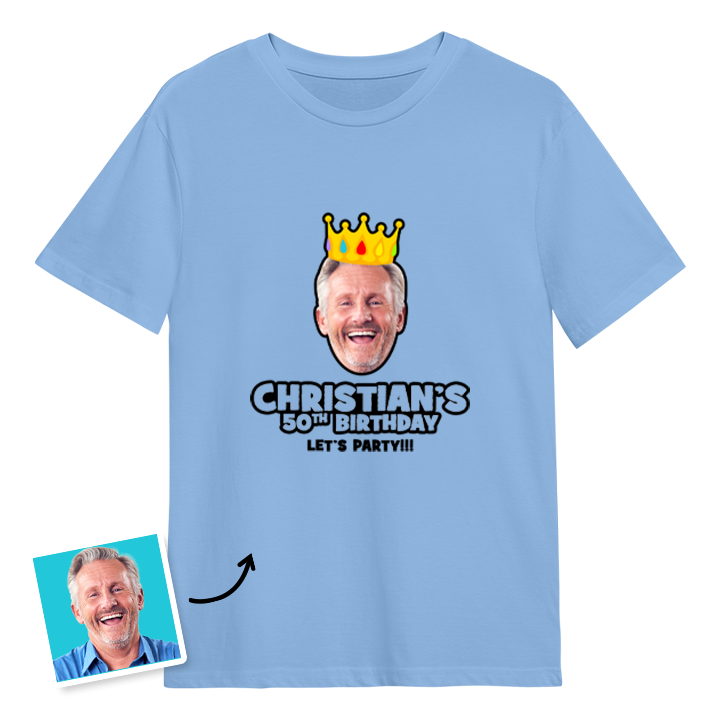 A custom 50th birthday t-shirt with a man's face on it wearing a crown with custom text reading Christian's 50th Birthday, Let's Party!!