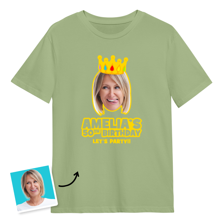 A custom 50th birthday t-shirt with a woman's face on it wearing a crown with custom text reading Amelia's 50th Birthday, Let's Party!!