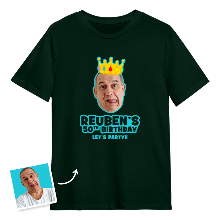 A custom 50th birthday t-shirt with a man's face on it wearing a crown with custom text reading Reuben's 50th Birthday, Let's Party!!