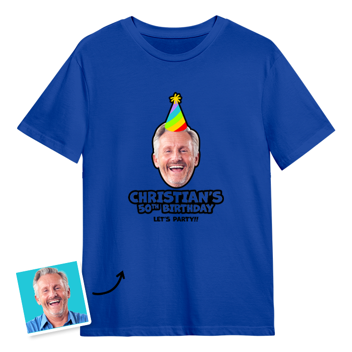 Birthday hat custom photo t shirt with a man's face on it who is wearing a party hat and the custom text Christian's 50th birthday, let's party!!