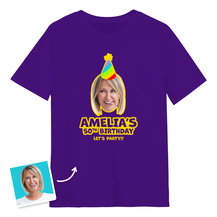 Birthday hat custom photo t shirt with a woman's face on it who is wearing a party hat and the custom text Amelia's 50th birthday, let's party!!