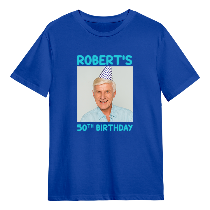 A custom birthday shirt that has had a photograph of a man in a party hat added to it with the custom text Robert's 50th birthday