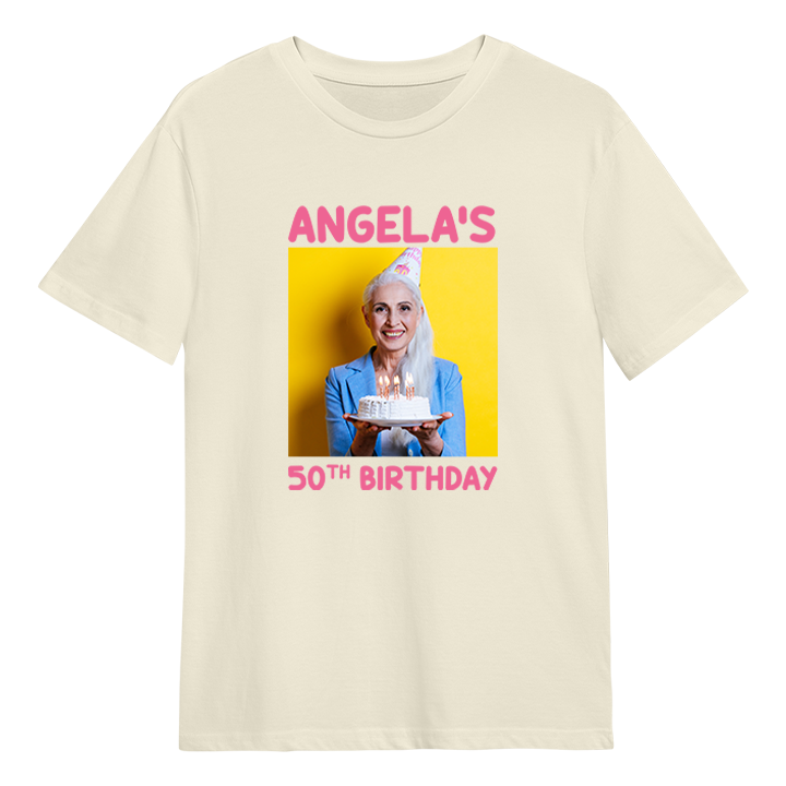 A custom birthday shirt that has had a photograph of a woman in a party hat added to it with the custom text Angela's 50th birthday