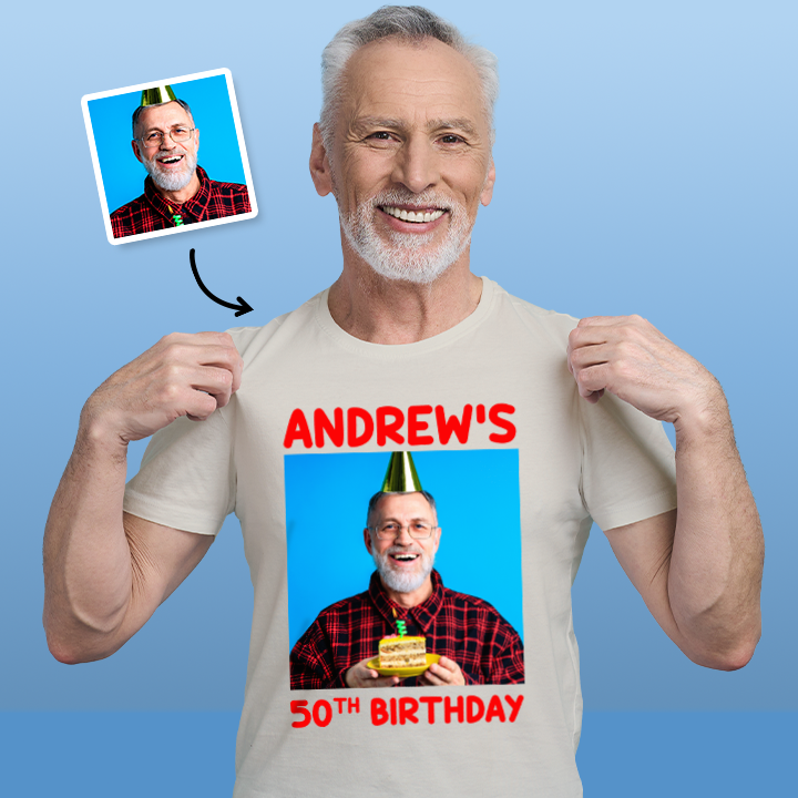 A male model wearing a custom birthday shirt that has had a photograph of a man in a party hat added to it with the custom text Robert's 50th birthday