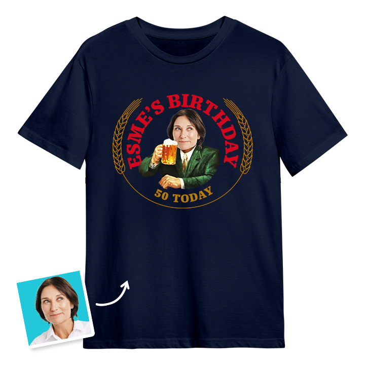 A Moretti themed 50th birthday t-shirt with a woman's photo edited into the iconic Moretti design with custom text reading Esme's Birthday 50 Today
