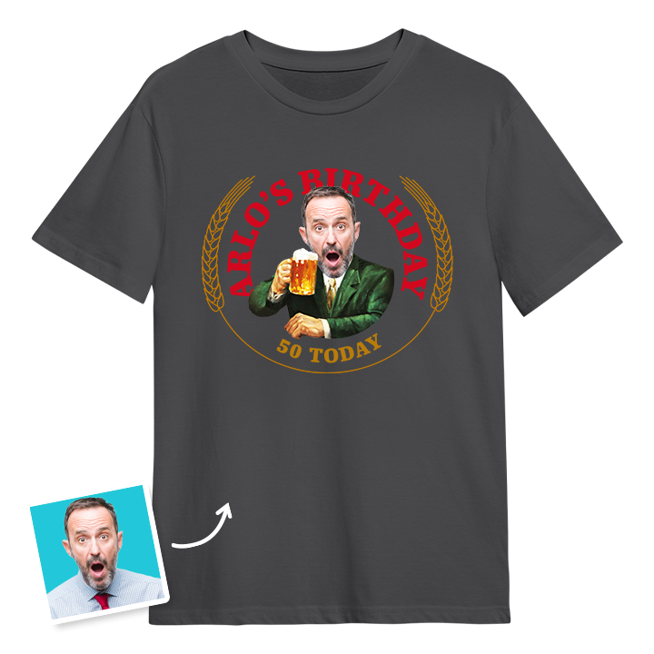 A Moretti themed 50th birthday t-shirt with a man's photo edited into the iconic Moretti design with custom text reading Arlo's Birthday 50 Today