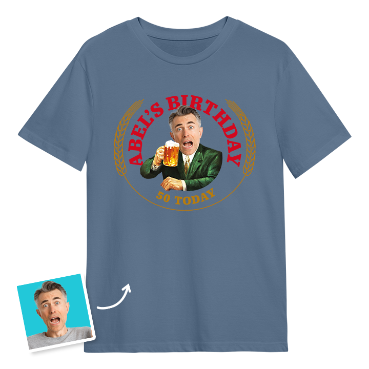 A Moretti themed 50th birthday t-shirt with a man's photo edited into the iconic Moretti design with custom text reading Abel's Birthday 50 Today