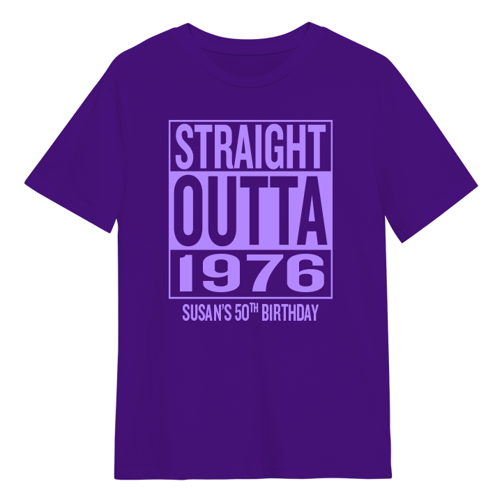 A straight outta compton themed 50th birthday t-shirt that reads Straight Outta 1976 and the custom text Susan's 50th Birthday 