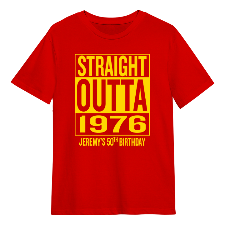 A straight outta compton themed 50th birthday t-shirt that reads Straight Outta 1976 and the custom text Jeremy's 50th Birthday