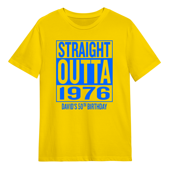 A straight outta compton themed 50th birthday t-shirt that reads Straight Outta 1976 and the custom text Jeremy's 50th Birthday