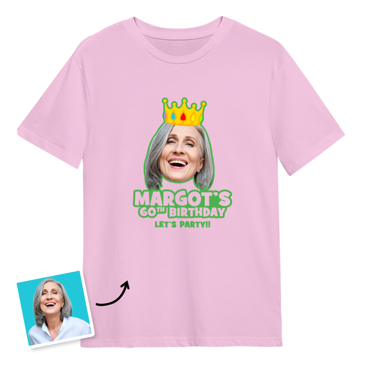 A custom 60th birthday t-shirt with a woman's face on it wearing a crown with custom text reading Margot's 60th Birthday, Let's Party!!