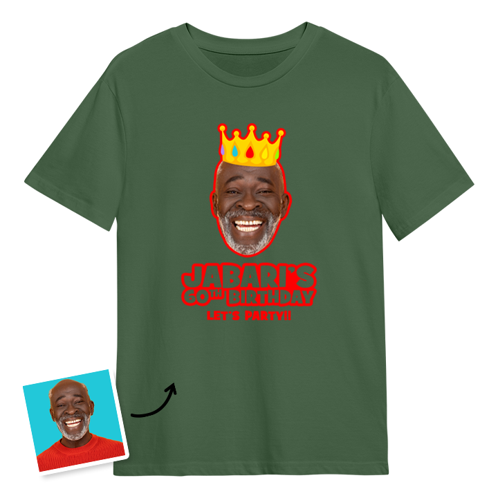 A custom 60th birthday t-shirt with a man's face on it wearing a crown with custom text reading Jabari's 60th Birthday, Let's Party!!