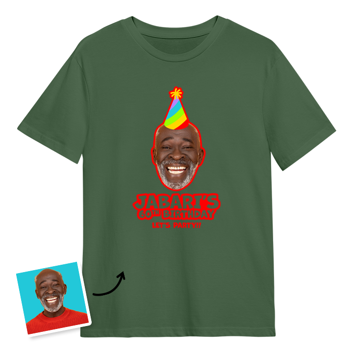 Birthday hat custom photo t shirt with a man's face on it who is wearing a party hat and the custom text Jabari's 60th birthday, let's party!!