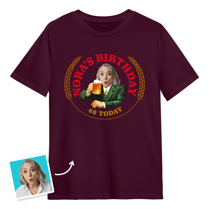 A Moretti themed 60th birthday t-shirt with a woman's photo edited into the iconic Moretti design with custom text reading Nora's Birthday 60 Today