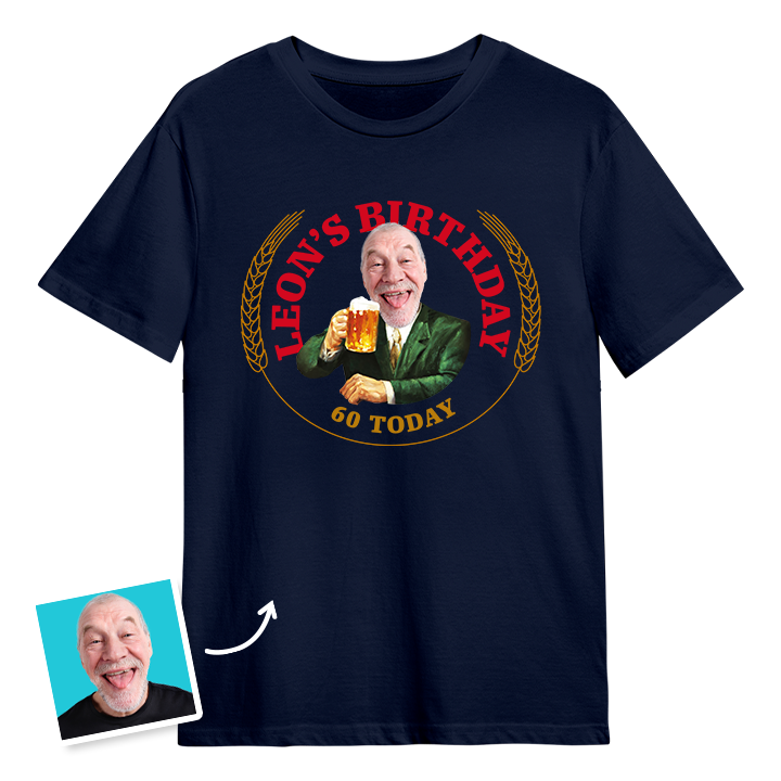 A Moretti themed 60th birthday t-shirt with a man's photo edited into the iconic Moretti design with custom text reading Leon's Birthday 60 Today