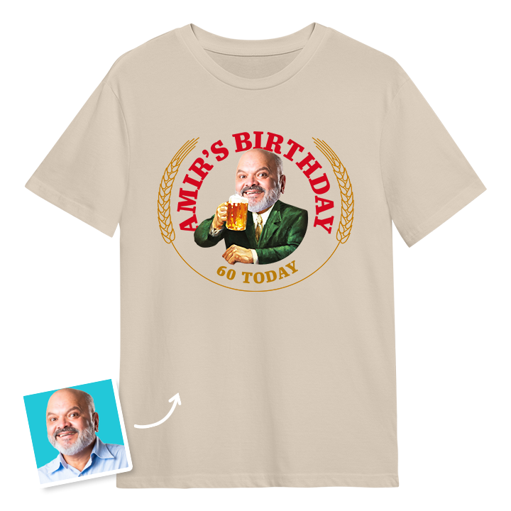 A Moretti themed 60th birthday t-shirt with a man's photo edited into the iconic Moretti design with custom text reading Amir's Birthday 60 Today