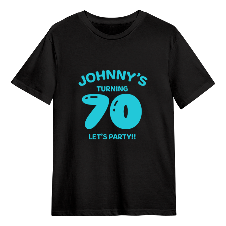 A custom 70th birthday t-shirt which has the custom text Johnny's turning 70, Let's Party!! with the 70 in a balloon text