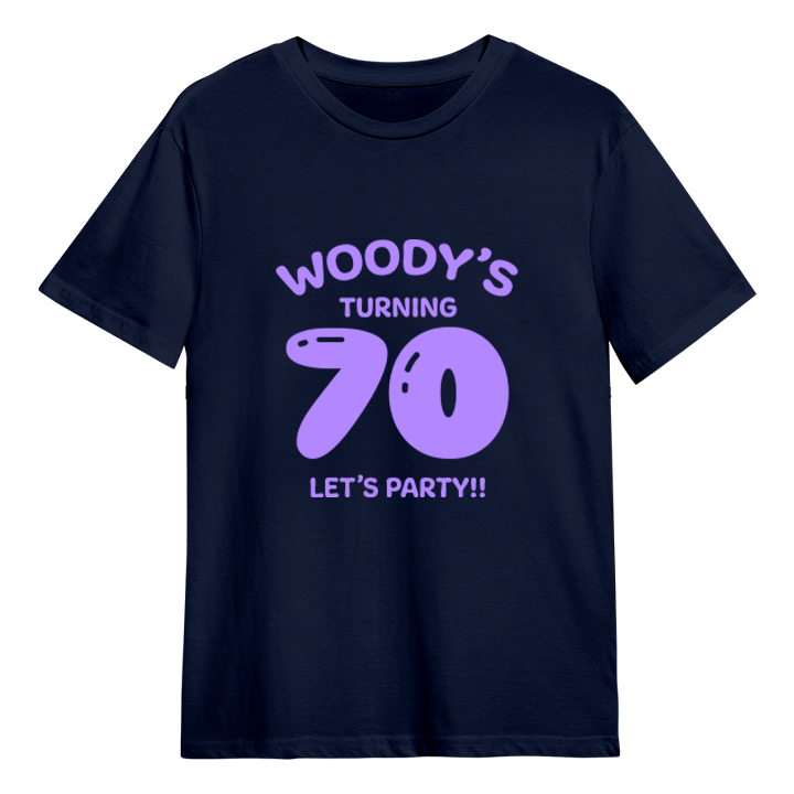 A custom 70th birthday t-shirt which has the custom text Woody's turning 70, Let's Party!! with the 70 in a balloon text
