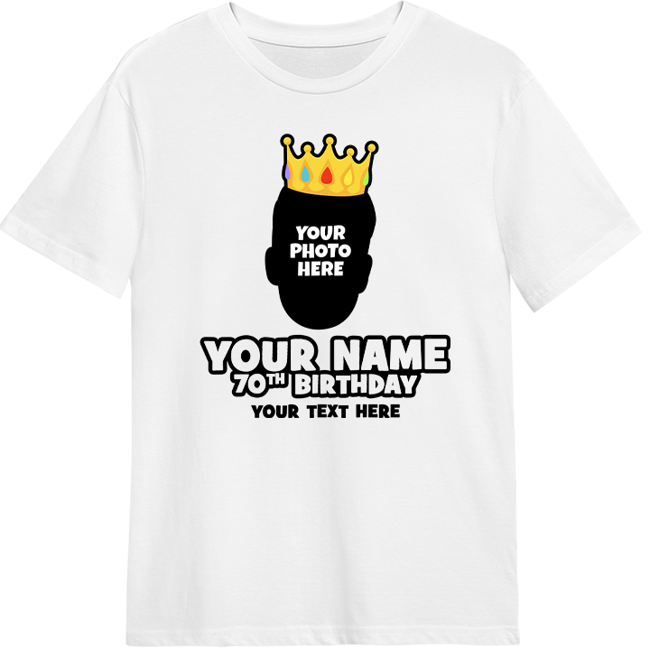 A custom 70th birthday shirt where you can add a person's picture so it looks like they're wearing a crown, as well as custom text 