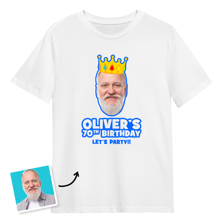 A custom 70th birthday t-shirt with a man's face on it wearing a crown with custom text reading Oliver's 70th Birthday, Let's Party!!
