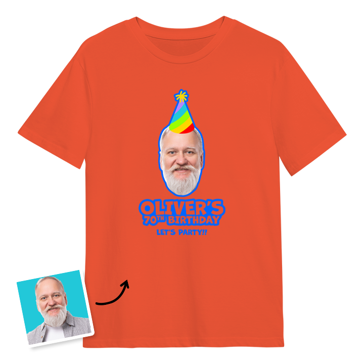 Birthday hat custom photo t shirt with a man's face on it who is wearing a party hat and the custom text Oliver's 70th birthday, let's party!!