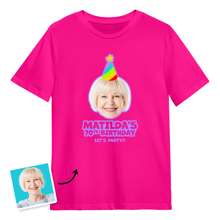 Birthday hat custom photo t shirt with a woman's face on it who is wearing a party hat and the custom text Matilda's 70th birthday, let's party!!