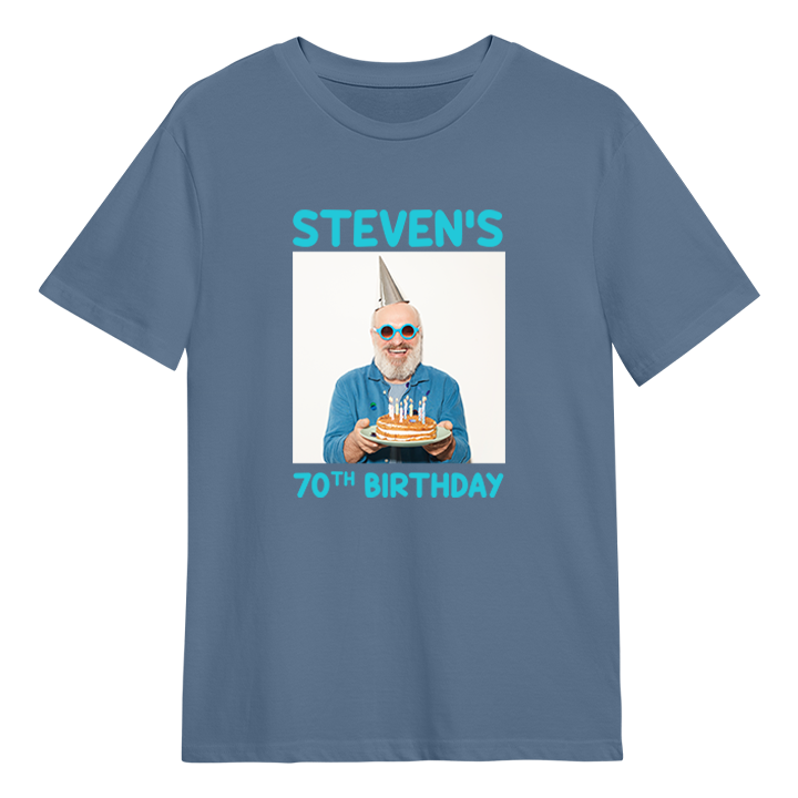A custom birthday shirt that has had a photograph of a man in a party hat added to it with the custom text Steven's 70th birthday