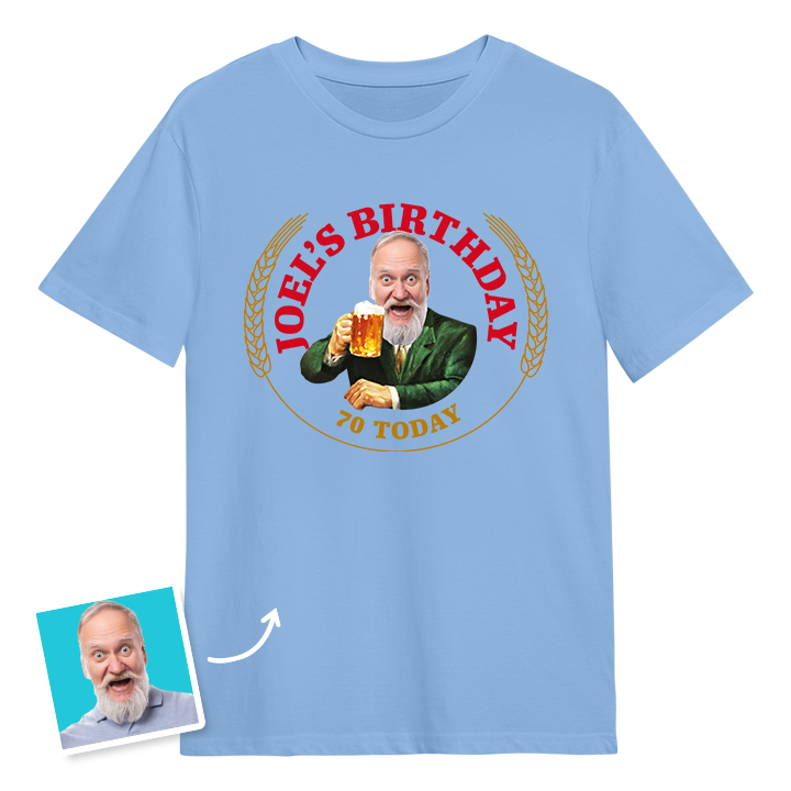 A Moretti themed 70th birthday t-shirt with a man's photo edited into the iconic Moretti design with custom text reading Joel's Birthday 70 Today