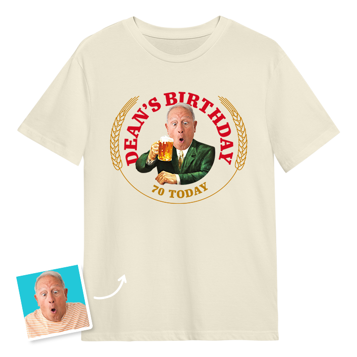 A Moretti themed 70th birthday t-shirt with a man's photo edited into the iconic Moretti design with custom text reading Dean's Birthday 70 Today