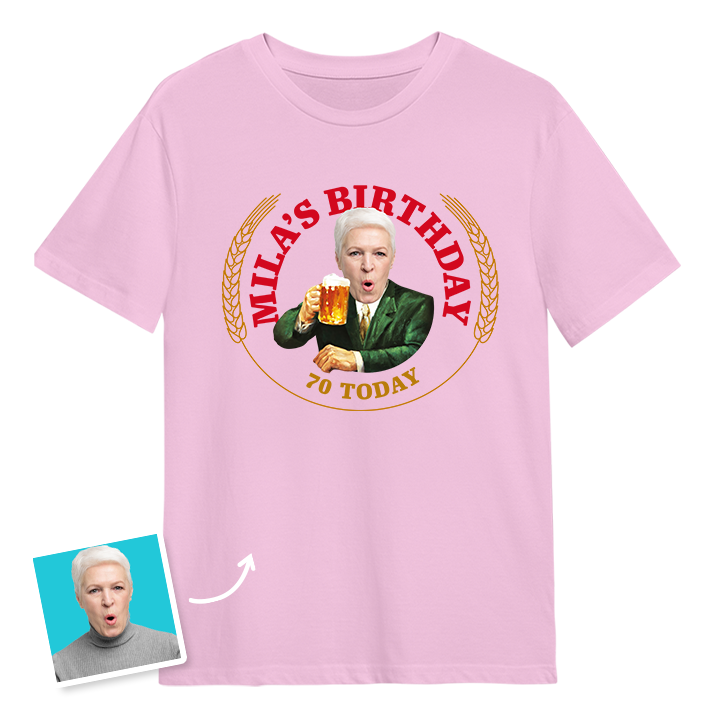 A Moretti themed 70th birthday t-shirt with a woman's photo edited into the iconic Moretti design with custom text reading Mila's Birthday 70 Today