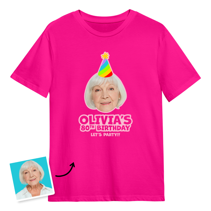 Birthday hat custom photo t shirt with a woman's face on it who is wearing a party hat and the custom text Olivia's 80th birthday, let's party!!