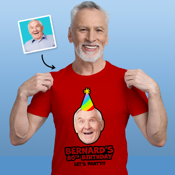 A female model wearing a custom 80th birthday shirt where you can add a person's picture so it looks like they're wearing a rainbow coloured party hat, as well as custom text 