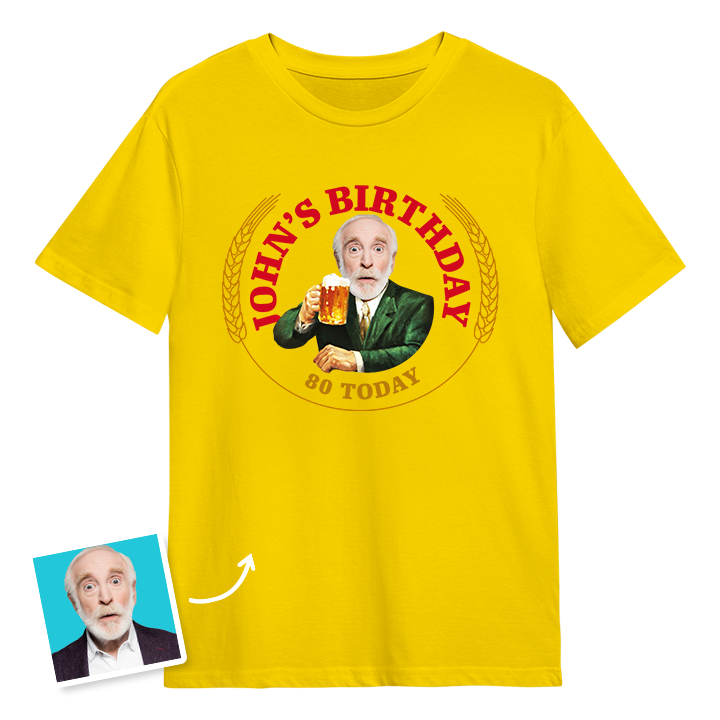 A Moretti themed 80th birthday t-shirt with a man's photo edited into the iconic Moretti design with custom text reading John's Birthday 80 Today