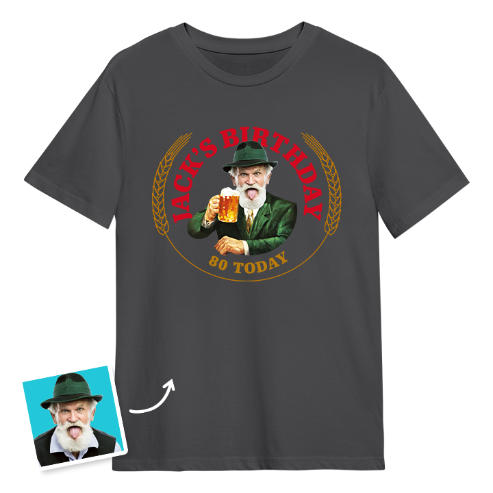 A Moretti themed 80th birthday t-shirt with a man's photo edited into the iconic Moretti design with custom text reading Jack's Birthday 80 Today